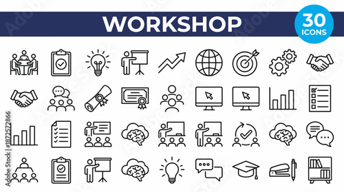 This workshop icons set includes 30 outline icons for training, collaboration, planning, education, and business development.