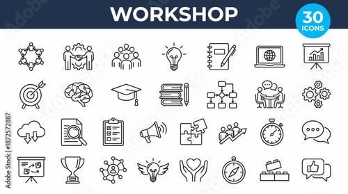 Thin-line workshop and training icons set for UI/UX, web and print design, featuring tools, collaboration, learning, and brainstorming