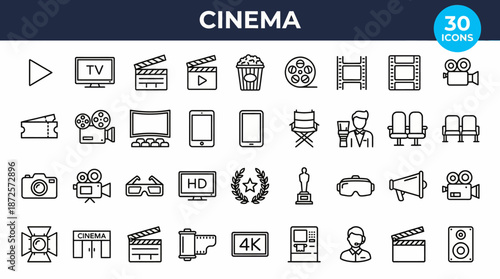 Collection of cinema and movie production icons for UI design, featuring camera, clapperboard, film reel, projector and related filmmaking symbols