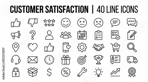 Customer Satisfaction: A set of 40 clean line icons representing feedback, ratings, support, and loyalty for business UI/UX design