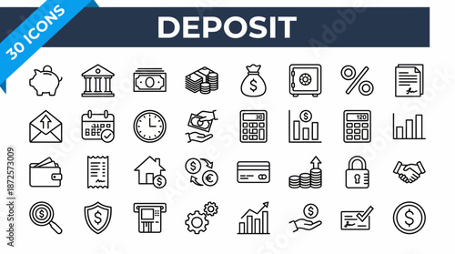Line-style banking and deposit icons collection for finance, savings, loans, and payments – vector illustration.