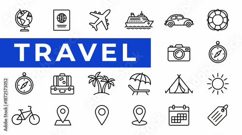 Vibrant travel icon collage showcasing planning, adventures, and exploration with globe, airplane, tent, camera, palm trees, and map pins