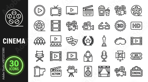 30 cinema and film production icons: clean line icon set for movie, video, media, and entertainment projects