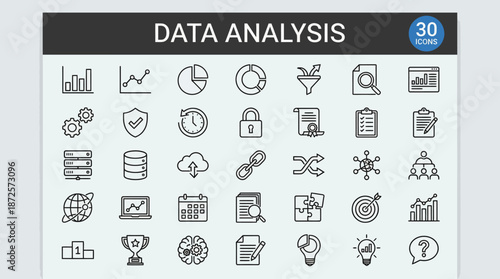 Comprehensive data analysis with iconography featuring charts, databases, cloud, and analytics tools for visual data interpretation