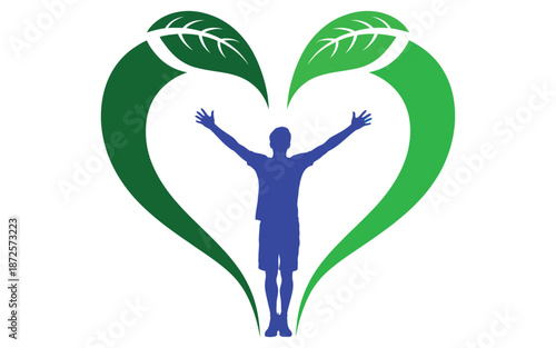 eco-friendly heart logo vector illustration featuring human figure with leaves symbolizing sustainability, green living, environmental protection, and holistic wellness concept design.
