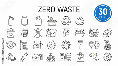Zero Waste icons: a comprehensive set of reusable containers, bags, and eco-friendly tools for sustainable living and packaging-free shopping