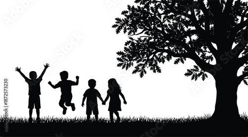 Happy children silhouette playing and holding hands under tree, outdoor childhood scene symbolizing friendship, freedom, joy, nature, and innocence