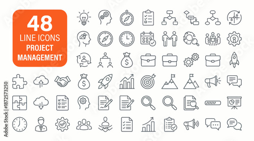 48-line icon set for project management and planning workflows, outline icons for PM processes
