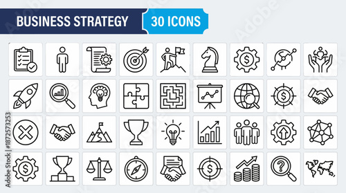 Set of 30 business strategy icons for planning, growth and teamwork in a grid, including analytics, marketing and project management symbols