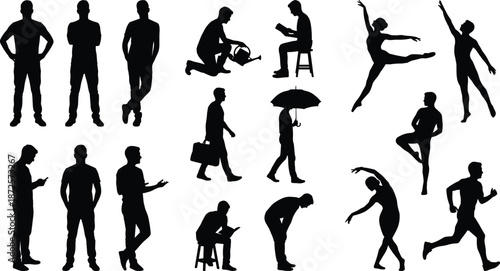 Human activities silhouette set showing standing, walking, reading, working, dancing, running, and lifestyle actions for people, motion, and daily life concepts