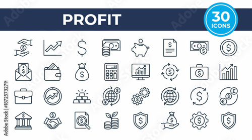 Profit and finance icons set for business analytics, budgeting, and financial planning - 30 line-style vector icons