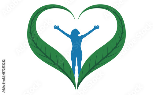 eco-friendly heart logo vector illustration featuring human figure with leaves symbolizing sustainability, green living, environmental protection, and holistic wellness concept design.