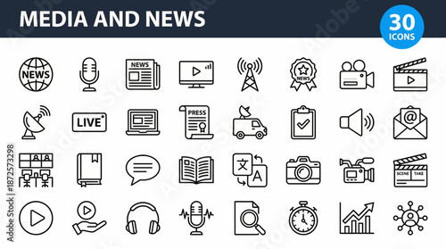 Comprehensive collection of media and news icons including cameras, microphones, TVs, newspapers, podcasts, chat, and broadcasting symbols.