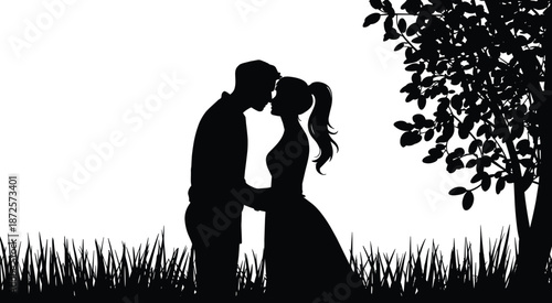 Romantic couple silhouette kissing under tree, love and relationship scene symbolizing romance, intimacy, affection, dating, and emotional connection outdoors