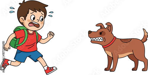 Scared boy running from angry dog cartoon illustration showing fear, danger, childhood accident risk, safety awareness, and animal behavior concept