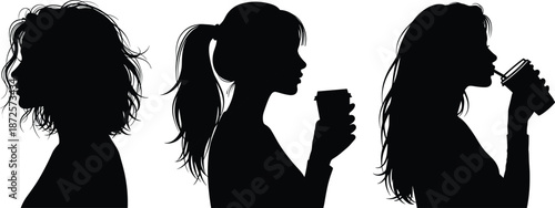 Woman drinking coffee silhouette profile set, modern lifestyle illustration showing relaxation, refreshment, morning routine, cafe culture, and everyday life moments