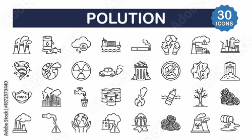 Pollution icons collection: a detailed set of litter and waste items illustrating environmental pollution and trash in nature