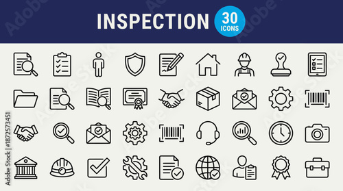 Collection of 30 inspection icons for quality control, safety, and workflow visuals in a vector icon set