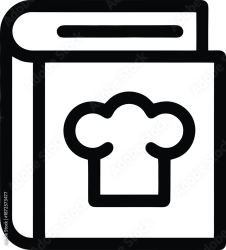 A simple black and white line drawing of a cookbook with a chef s hat