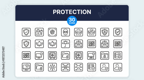 Protection icons set with 30 digital security shields illustrating cybersecurity, data protection, and privacy concepts.