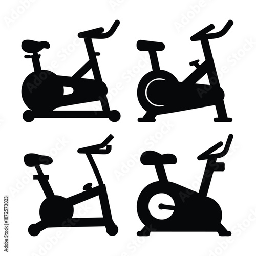 A comprehensive collection of diverse stationary exercise bike silhouettes for fitness training