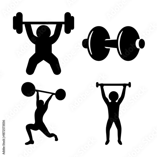 Various black silhouettes depicting weightlifting exercises and gym equipment for fitness