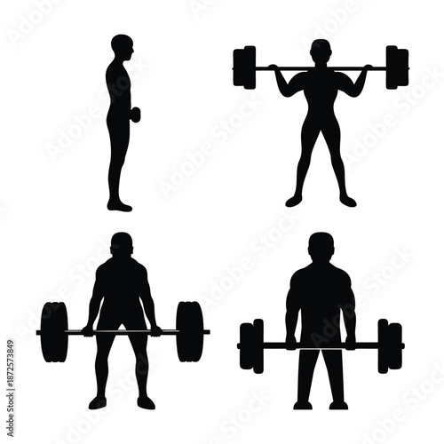 Silhouettes of individuals performing various weightlifting and strength training exercises