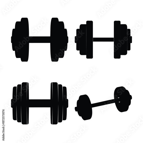Collection of black dumbbell silhouettes for fitness, exercise, and strength training