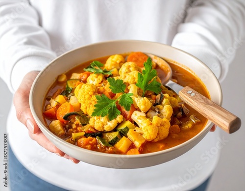 Delicious vegetable curry with cauliflower and herbs in bowl
