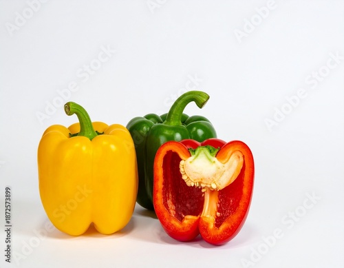 Vibrant bell peppers in yellow, green, and sliced red on white