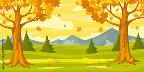 Autumn landscape with golden trees mountains and falling leaves in the background