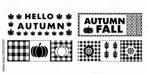 Autumn themed decorative tiles with pumpkins lettering and checkered patterns