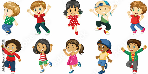 A cheerful group of diverse cartoon children happily jumping and waving