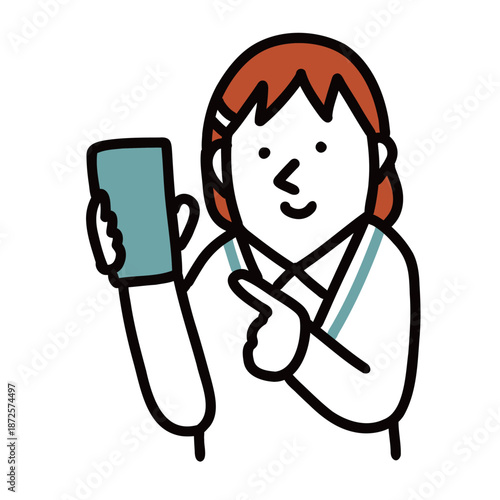 制服を着た中学生・高校生のイラストアイコン　スマホの画面を見せてくれるセーターの女の子