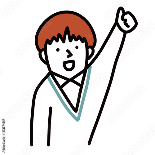 制服を着た中学生・高校生のイラストアイコン　ガッツポーズするきのこヘアの中性的な人