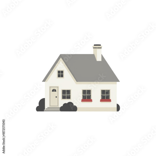 A charming illustration of a simple white house with a gray roof and red window boxes