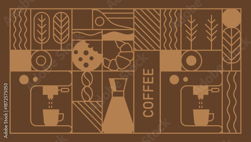Brown Coffee Geometric Background with Line Art Icons Hand Drawn.Vector Illustration
