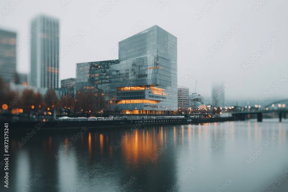 Fototapeta premium Modern glass buildings glow with warm light by the calm waterfront.