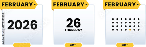 February 26 Thursday 2026 calender icon set vector illustrator. Checklist day calendar. Schedule date, appointment, month, week, agenda, Containing, organization and event Editable line icons.