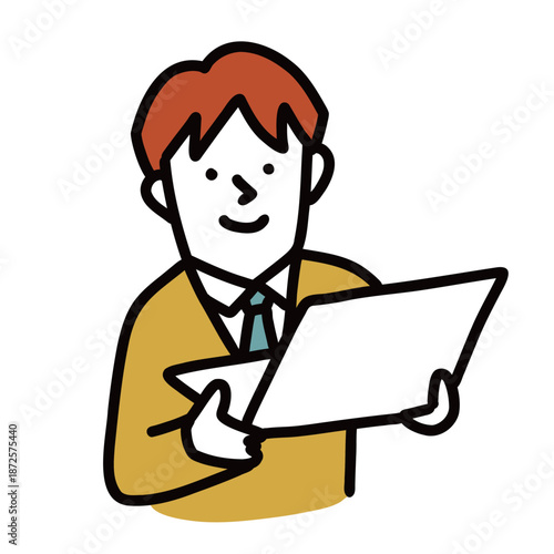 制服を着た中学生・高校生のイラストアイコン　パソコンを持っている男子学生