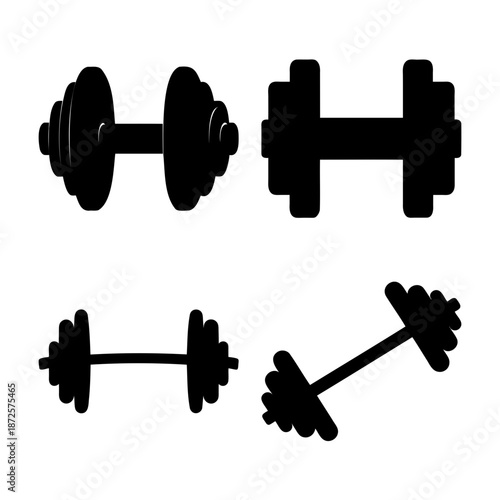 Collection of various black dumbbell silhouettes for fitness and workout concepts