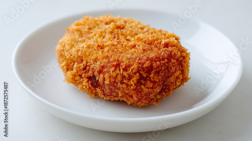 白い小皿に盛り付けられた粗い衣の食感がサクサクと美味しそうな揚げたての楕円形のコロッケ