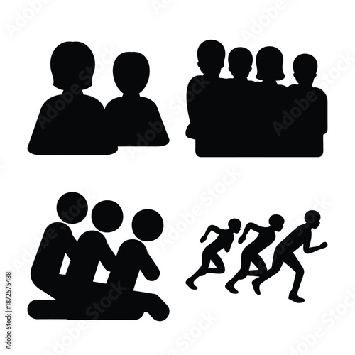 Diverse collection of silhouette icons depicting various human interactions and activities