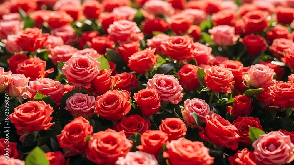 Naklejka premium A vibrant field of red and pink roses in full bloom on a sunny day