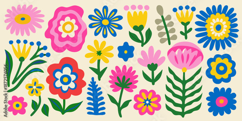 A colorful assortment of stylized retro flowers and leafy botanical elements