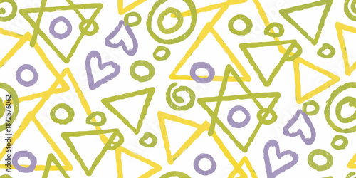Colorful abstract pattern of geometric shapes in yellow purple and green