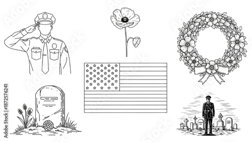 Veterans & Remembrance Day Line Icons, Military Honor, Poppy, Memorial, Flag, Salute Vector Set