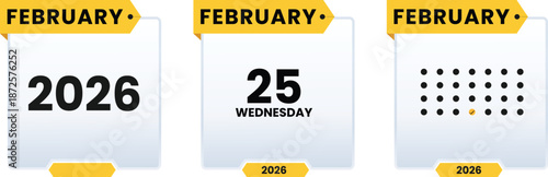 February 25 Wednesday 2026 calender icon set vector illustrator. Checklist day calendar. Schedule date, appointment, month, week, agenda, Containing, organization and event Editable line icons.
