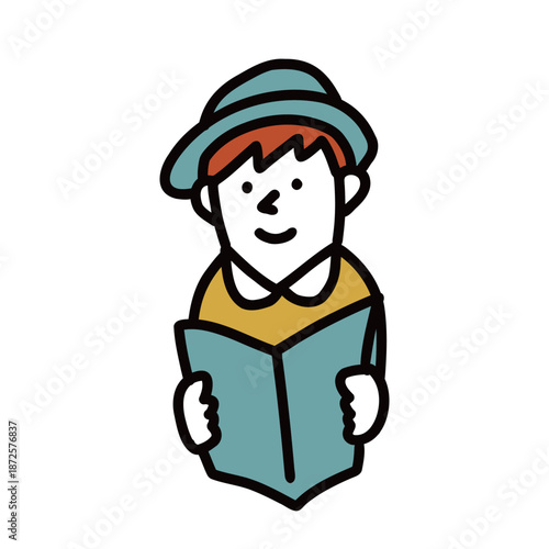 子供のイラストアイコン　帽子をかぶって本を読む小学生