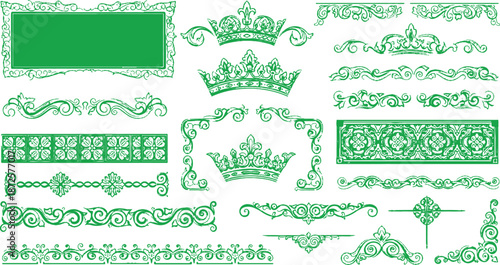 Green Vector set of green floral elements and ornate frames featuring victorian swirls, calligraphic borders, and decorative flower ornaments for retro invitation card design illustration